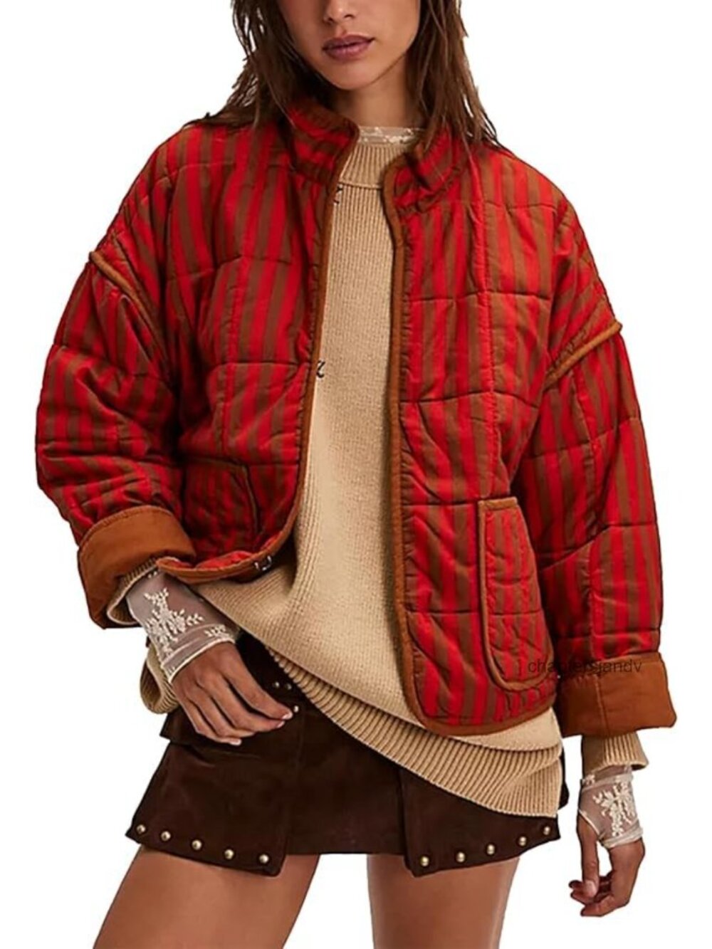 Women's Loose Retro Striped Quilted Cropped Puffer Jacket with Contrast Trim